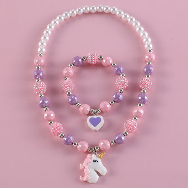 Makersland Children Sweet Necklace Bracelet Set Cute Pendant Pink Purple Beaded Girls Necklace Beads DIY Jewelry Wholesale