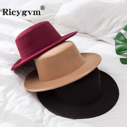 Flat Fedoras Hats for Women Classic British Jazz Cap Imitation Woolen Wide Brim Ladies Caps Church Derby Flat Top Hat gorras