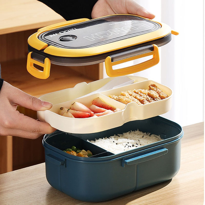 Portable Hermetic Lunch Box 2 Layer Grid Children Student Bento Box with Fork Spoon Leakproof Microwavable Prevent Odor School