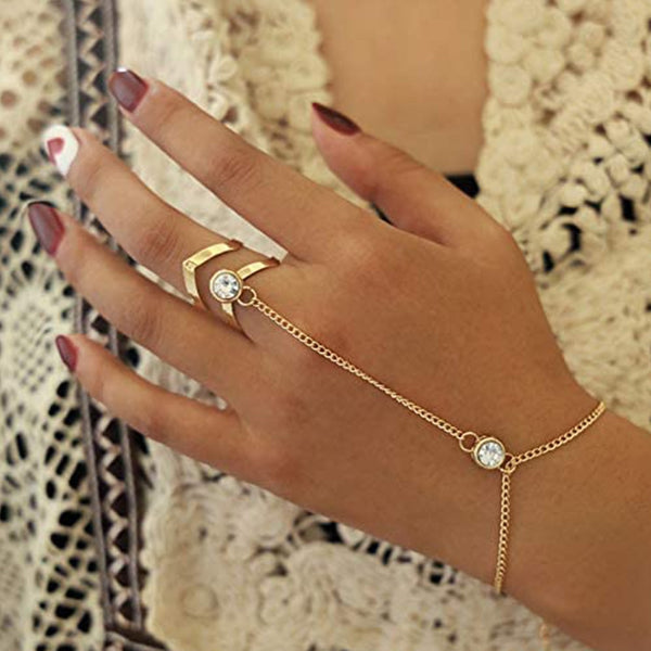 Punk Metal Finger Ring Link Bracelet With Crystal Women Girls Summer Slave Conjoined Bracelet Hand Back Chain Jewelry