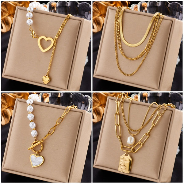 DIEYURO 316L Stainless Steel Gold Color Heart Pearl Pendant Necklace For Women Punk Street Rustproof Neck Jewelry Party Gift