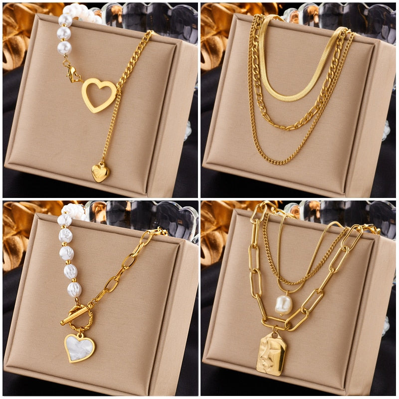 DIEYURO 316L Stainless Steel Gold Color Heart Pearl Pendant Necklace For Women Punk Street Rustproof Neck Jewelry Party Gift